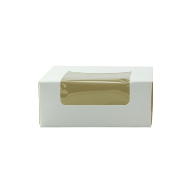 A rectangular paper pastry box with a windowed lid