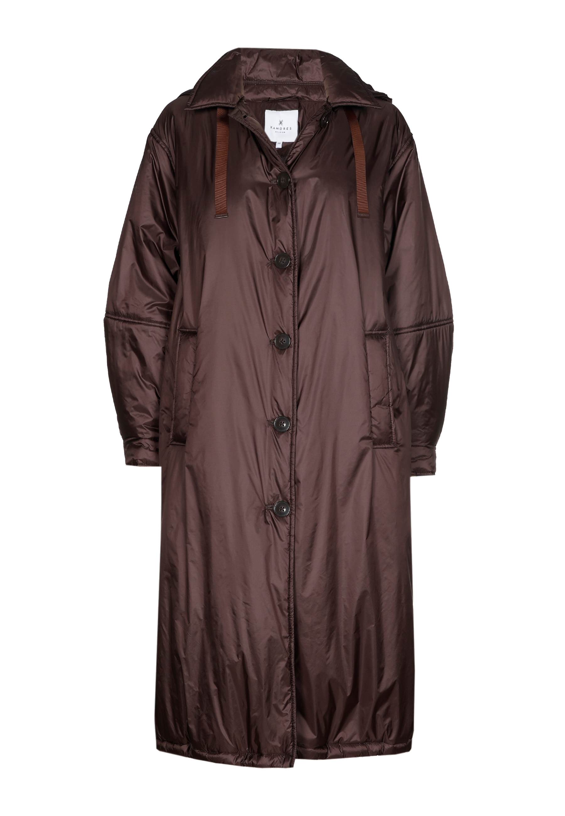 Brown long coat with buttons and a collar.