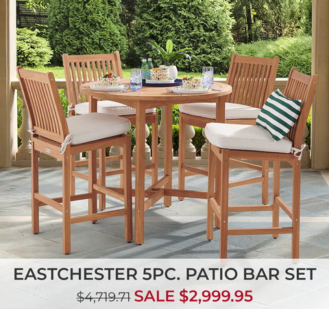 Eastchester 5-piece patio bar set with chairs and table, on sale.