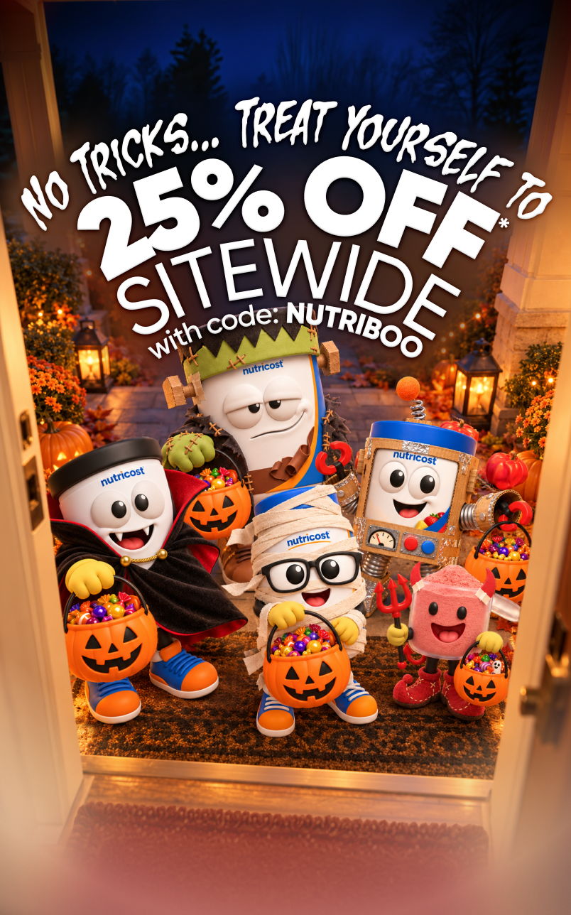 Characters in costumes celebrating Halloween with a discount offer.