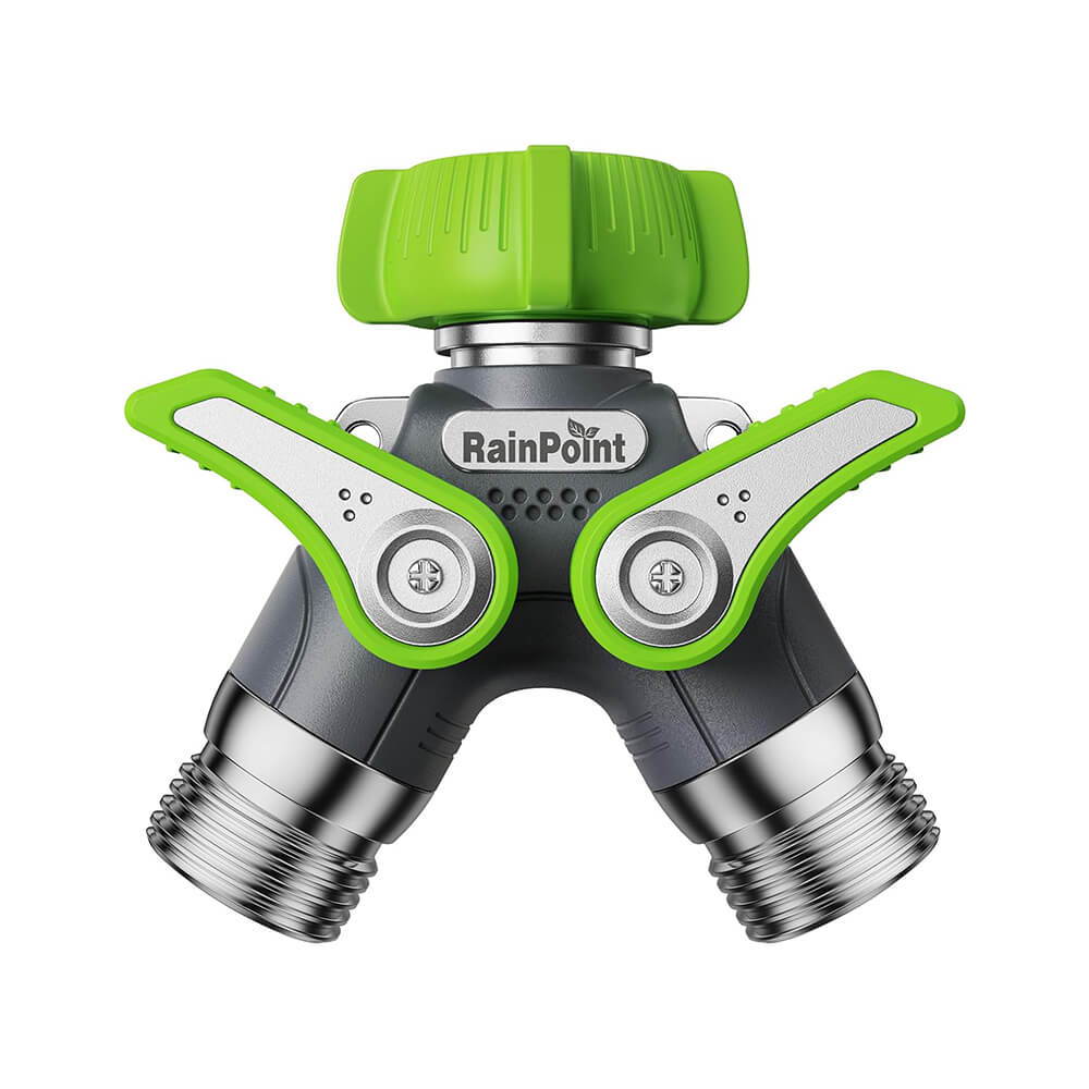 Dual outlet garden hose splitter with green handles.