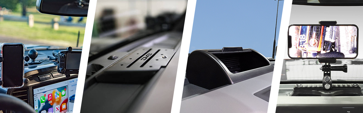 Photo collage of various types of dash mounts installed on vehicles.