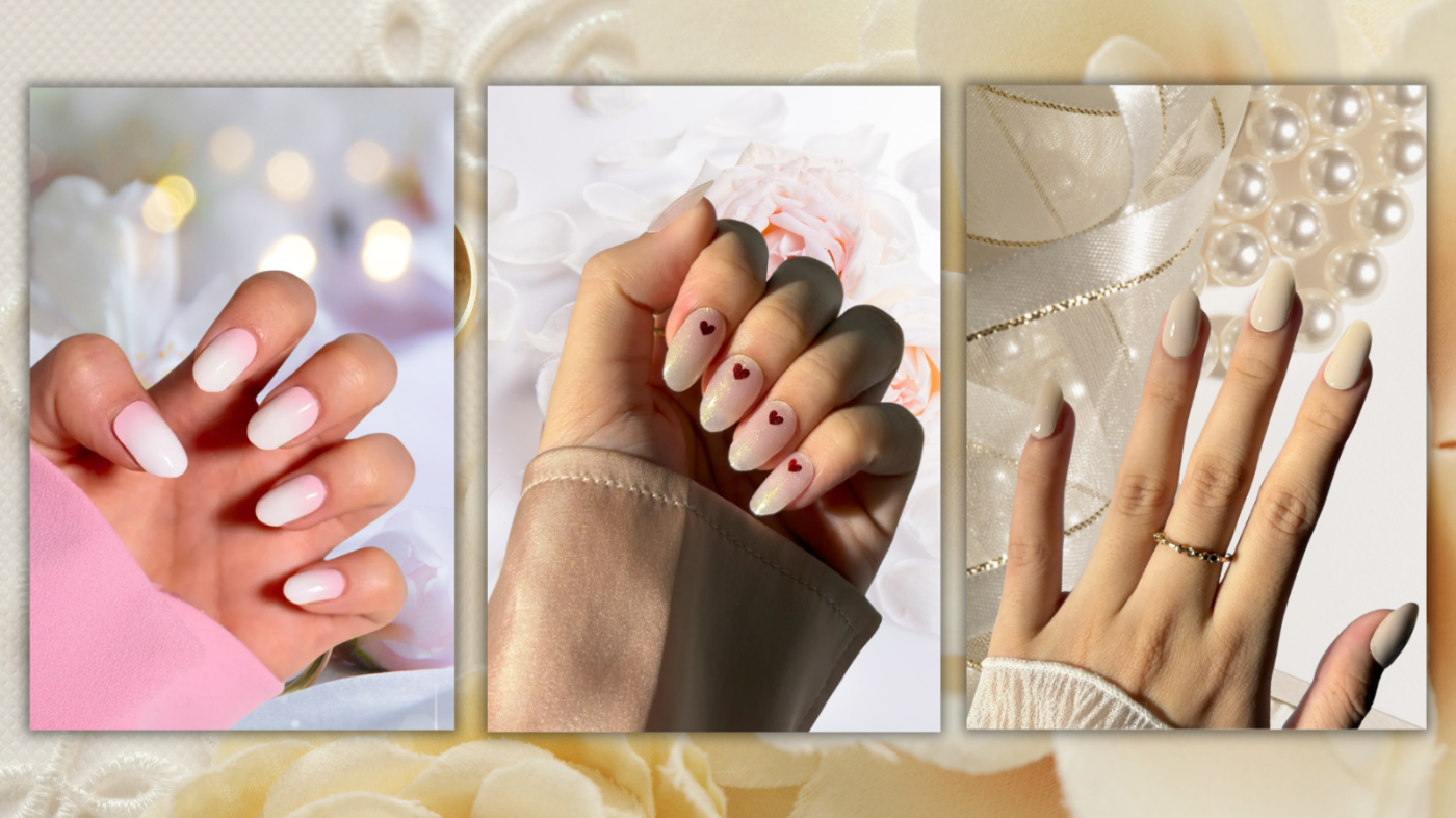 Bridal manicure using EyeCandys gel nail stickers including pink candy, don’t play with my heart, and Moo-n Beam for a perfect wedding look