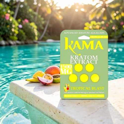 Kama Kratom extract packaging by a pool with tropical fruits.