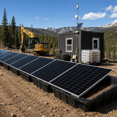 Solar panels installed near a small building and excavator in a forested area.