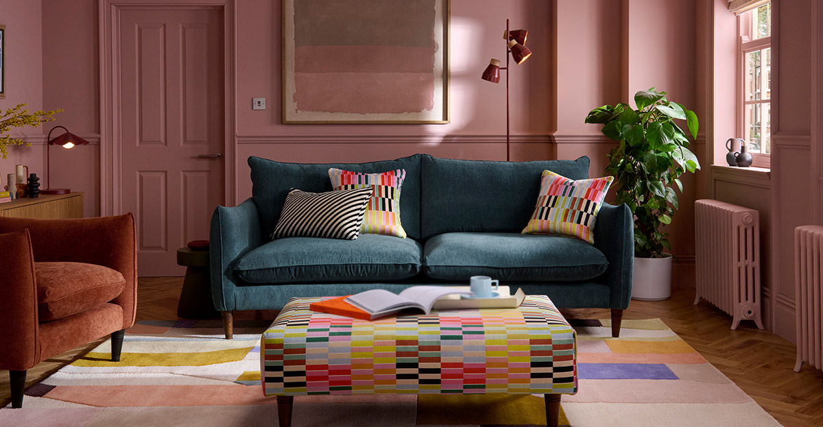 Kenmare teal fabric sofa with colour accent cushions