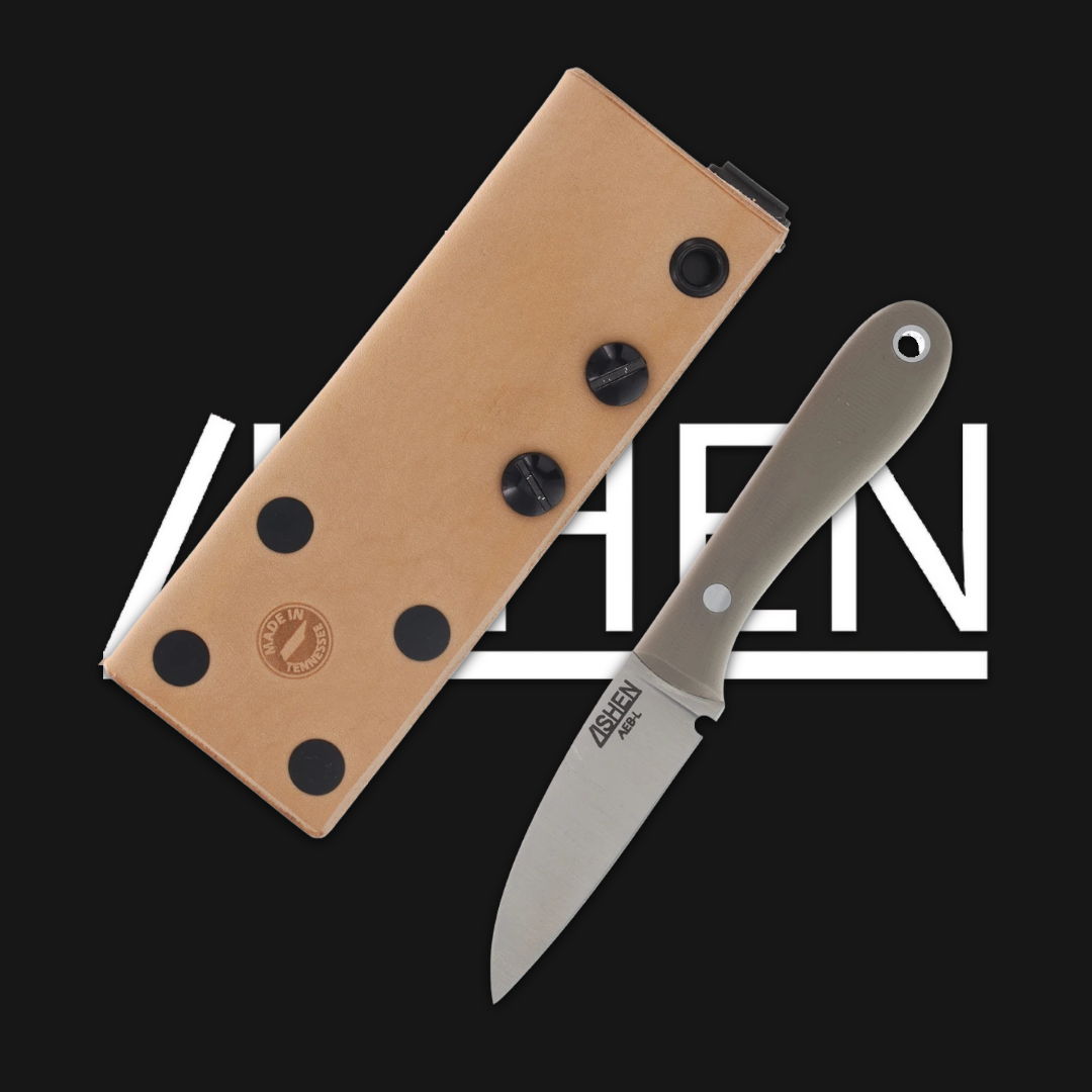 Knife and leather sheath on a black background.
