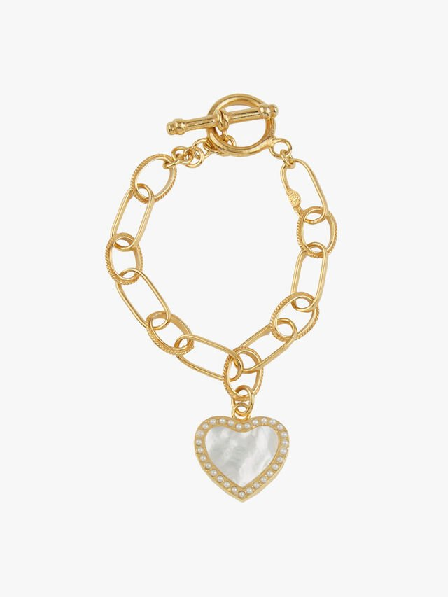 Soru Jewellery Fenwick exclusive Heart Charm chunky gold textured oval links chain bracelet with mother of pearl heart charm.