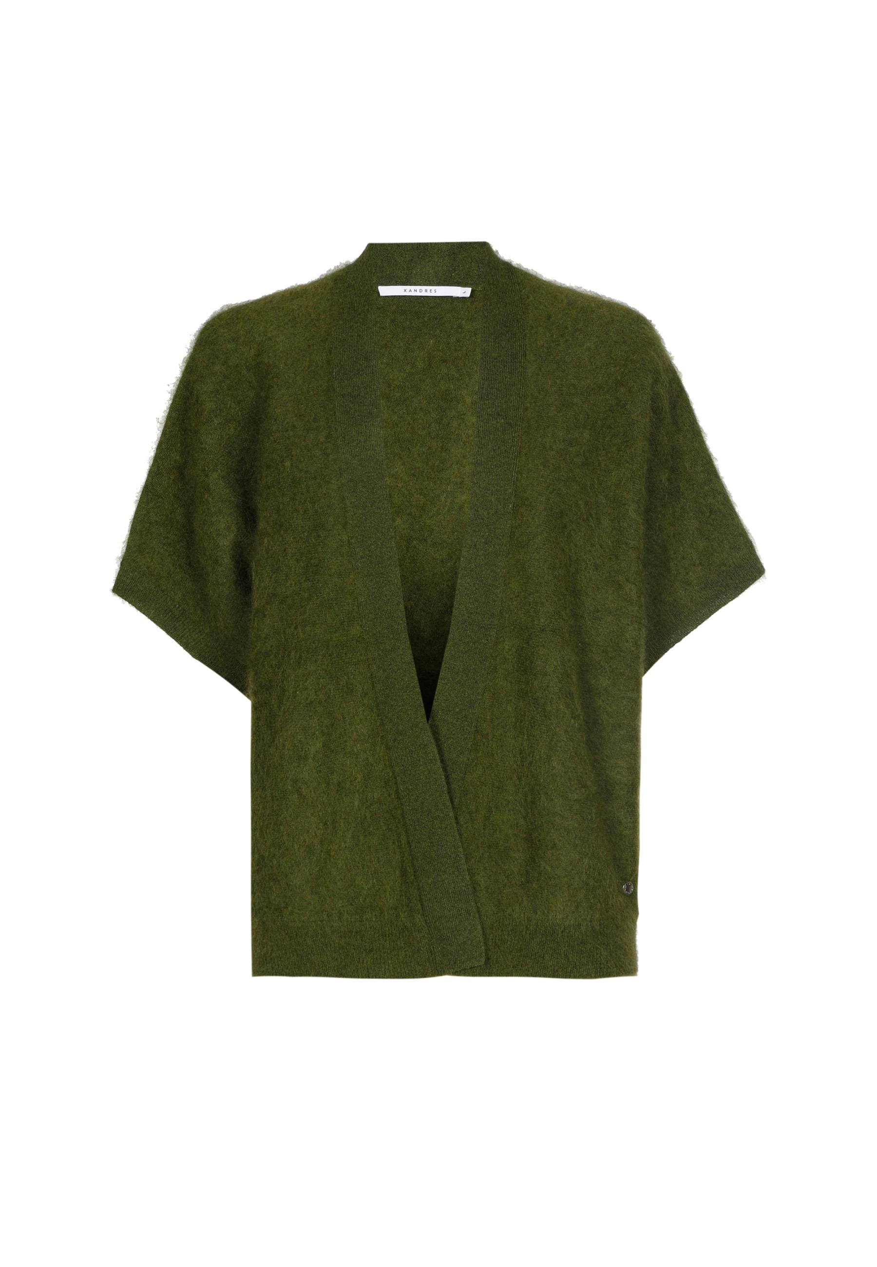 Green short-sleeved cardigan with an open front design.