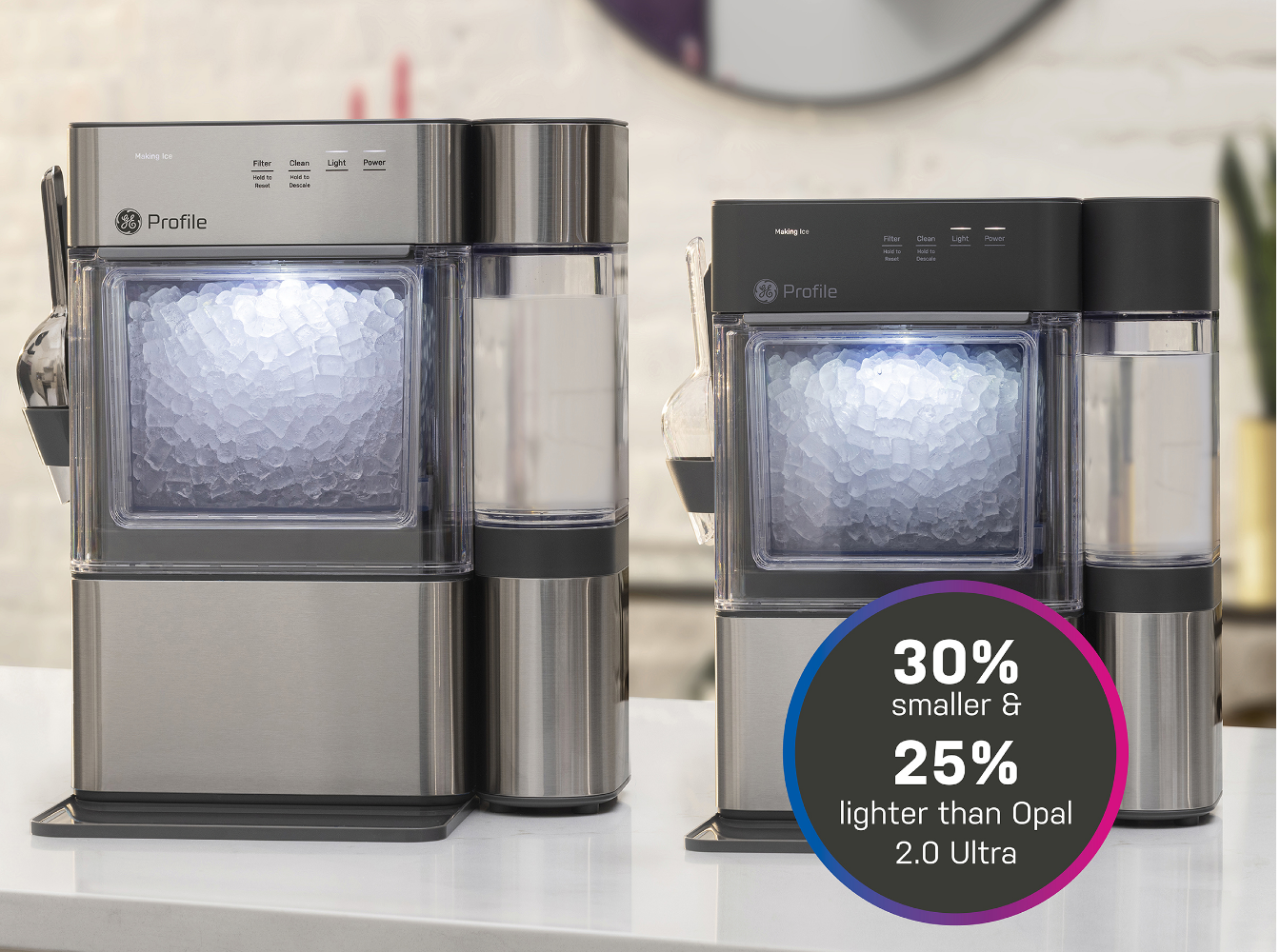 Two kitchen appliances side by side, showcasing size and weight differences.