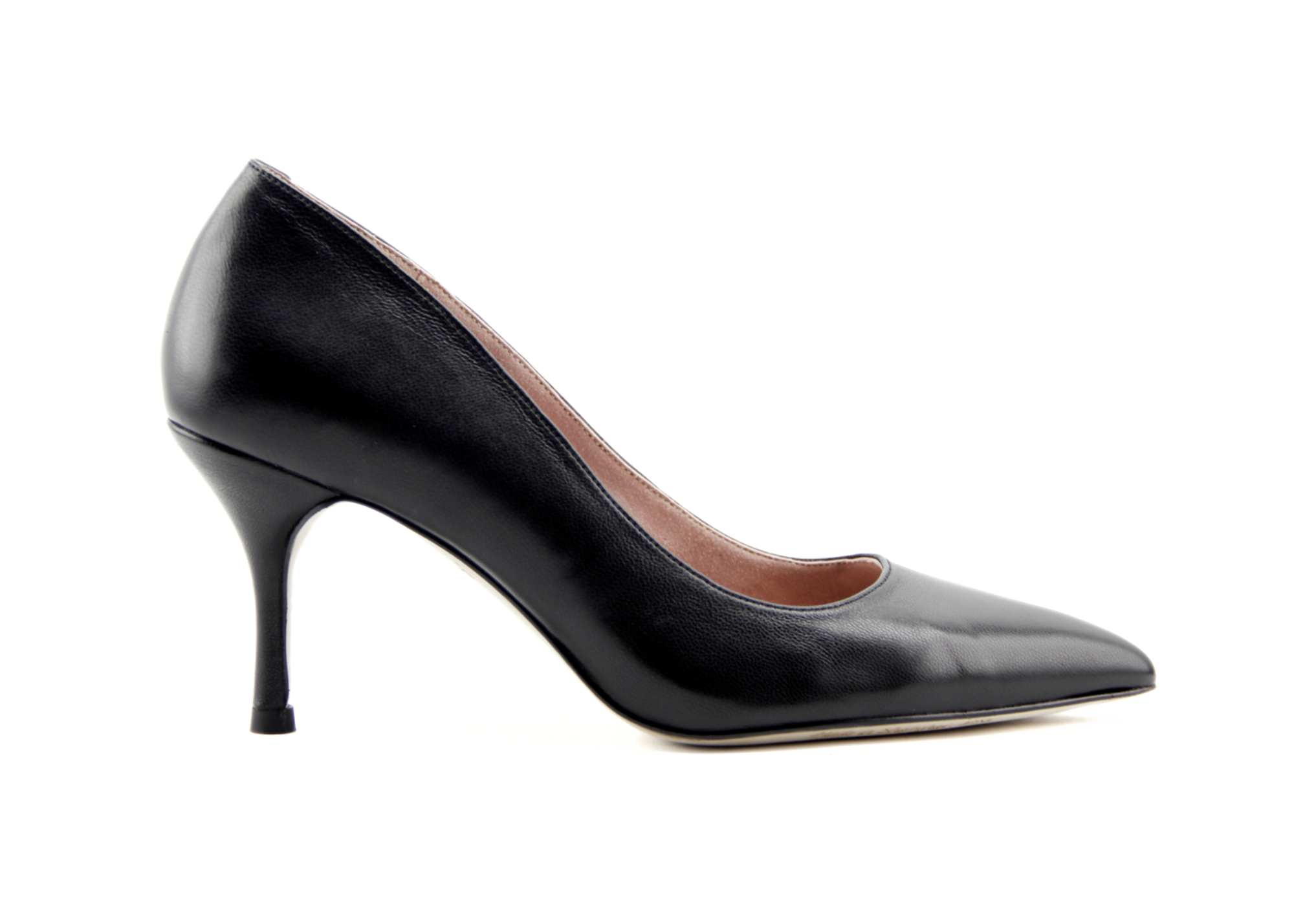 A sleek black high-heeled shoe with a pointed toe.