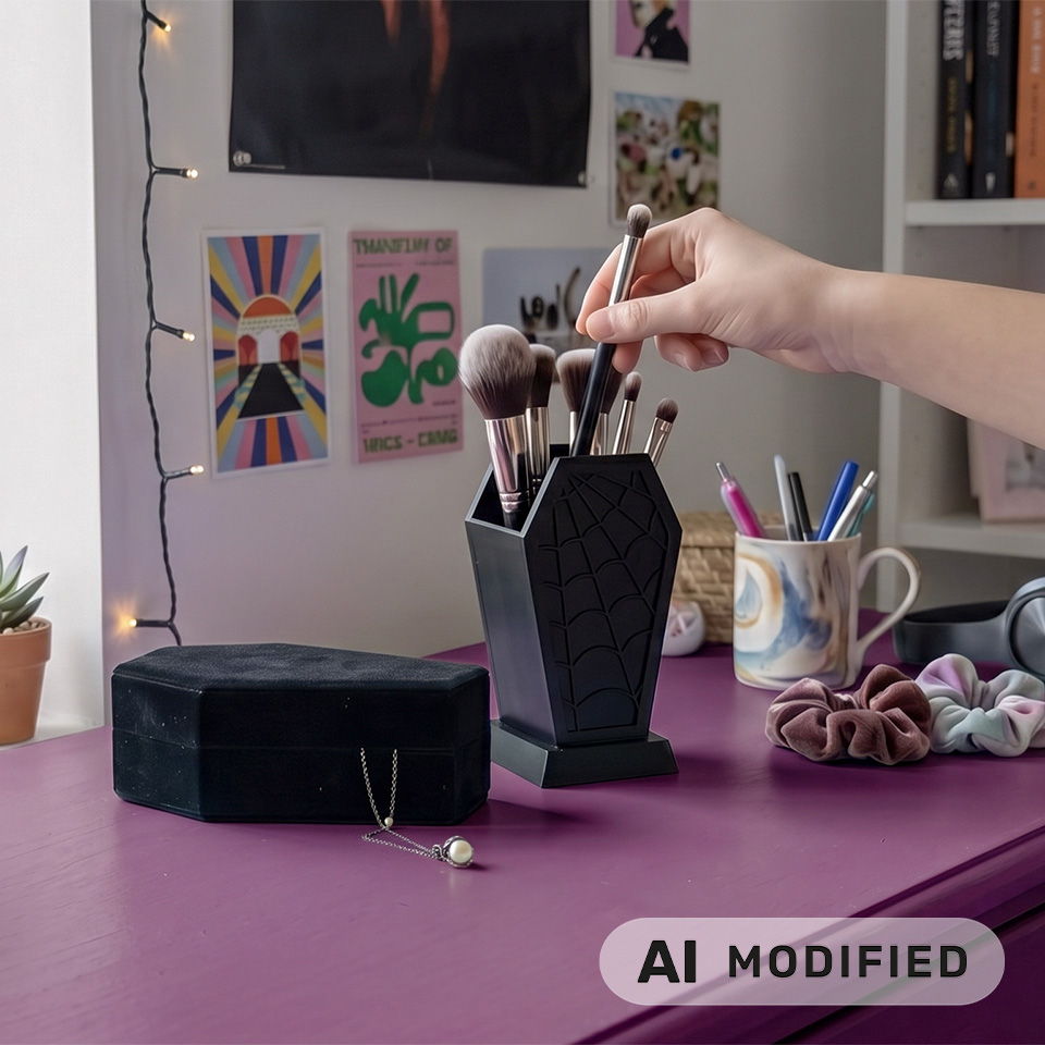 Une main tendue vers des pinceaux de maquillage dans un porte-pinceaux élégant sur un bureau.