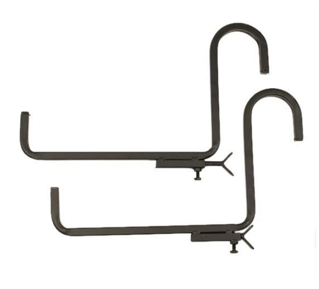 Two metal hooks with a curved design for hanging items.
