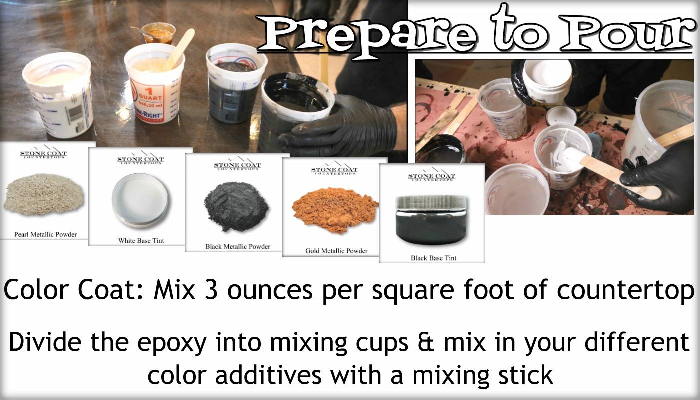 Color Coat: Mix 3 ounces per square foot. Divide epoxy into mixing cups, and blend in various color additives with a mixing stick.