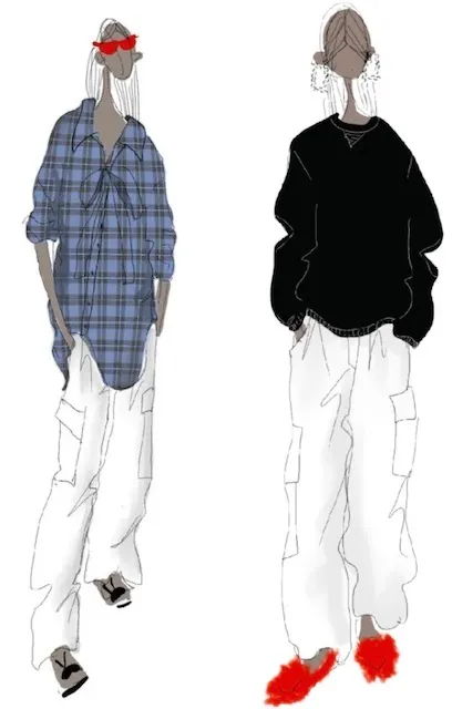 Two fashion illustrations of models wearing casual outfits.