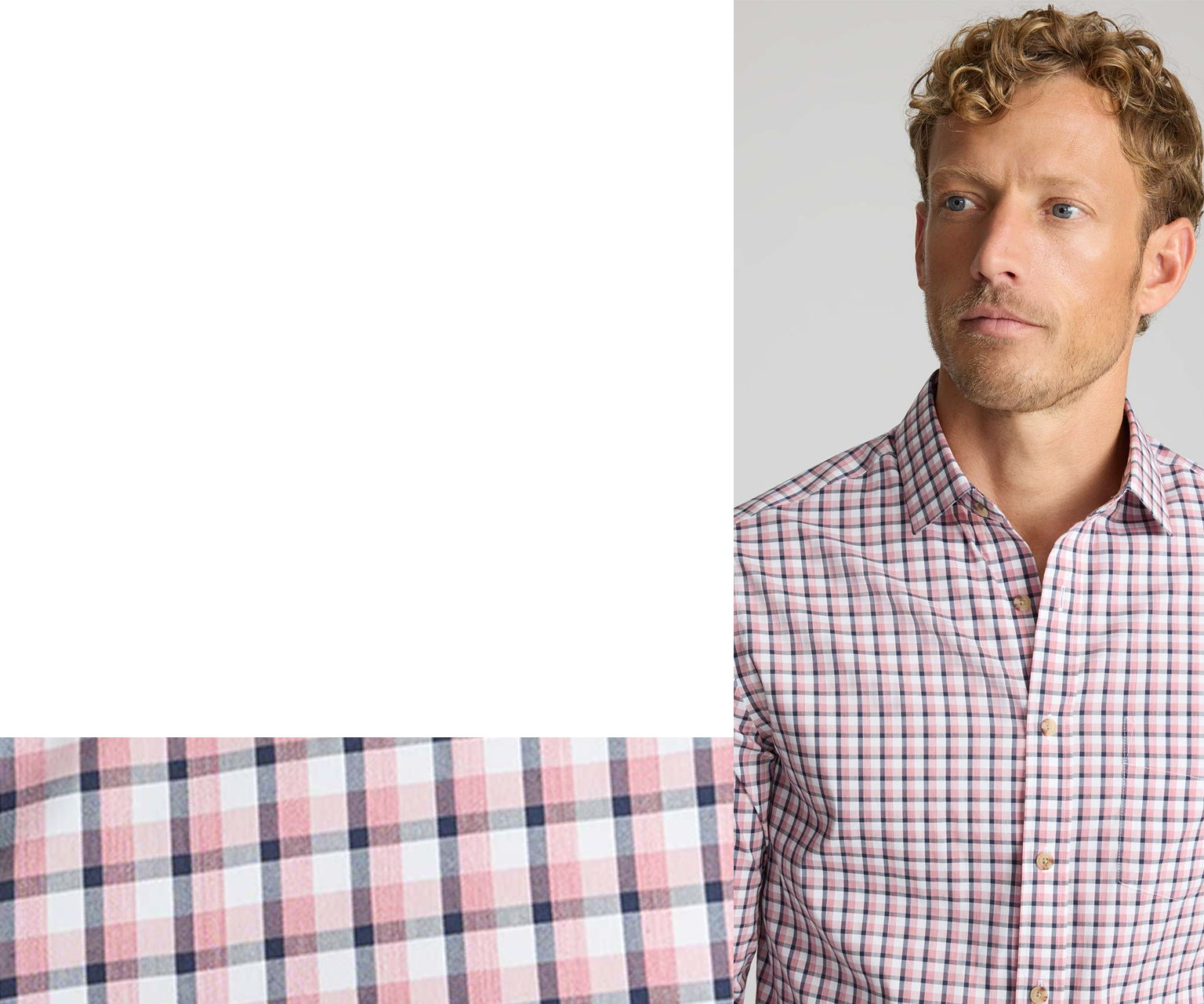Man wearing a checkered shirt with a close-up of the fabric.