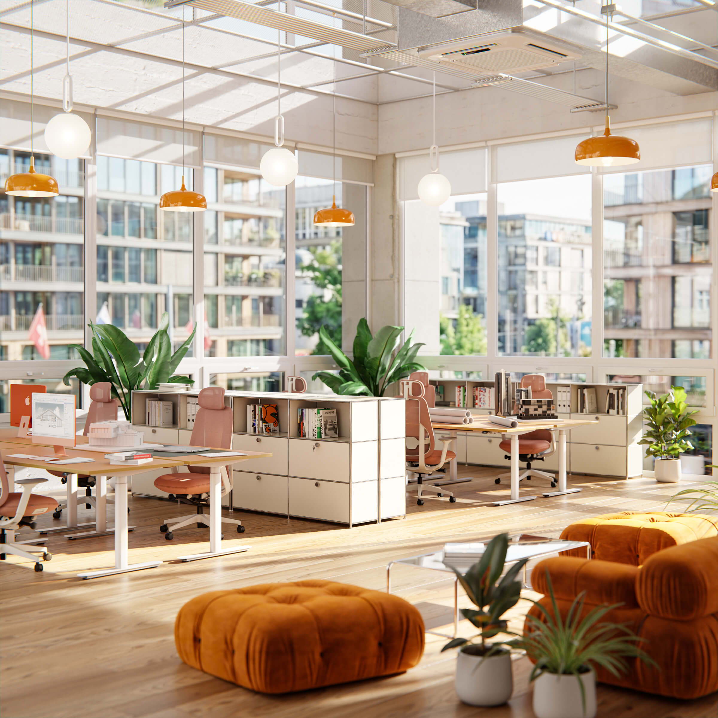 Grossraumbüro komplett ausgestattet von ofinto | Sideboard, Büro-Regal, Metall-Kommode Cubox als Raumtrenner zwischen Arbeitsplätzen mit Bürotisch Elevate und Bürostuhl Cloud | Maximale Ergonomie
