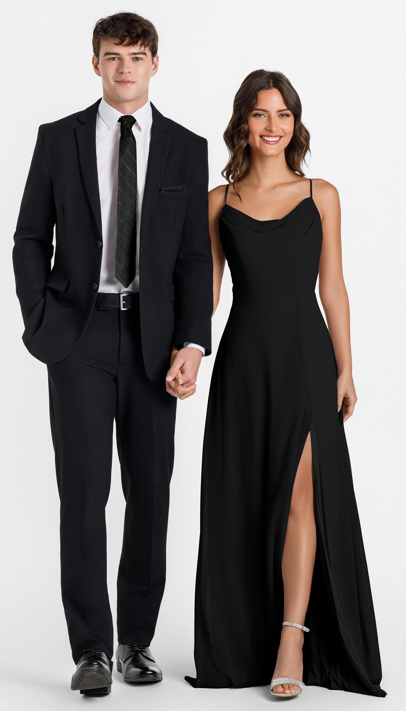 black suit with black bridesmaid dress