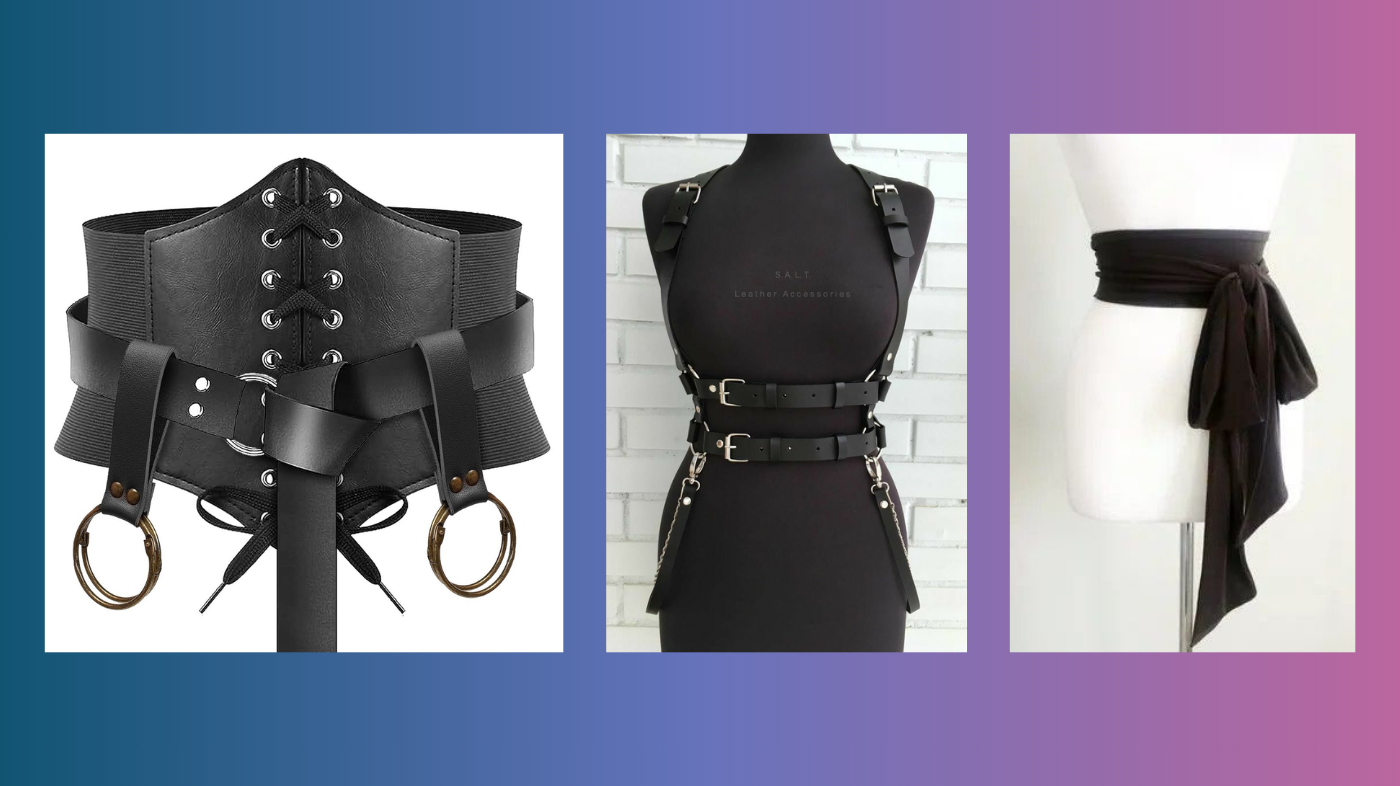 Close-up of cosplayer’s waist detailing featuring belts, sashes, or harness accessories that create structure and define the costume design