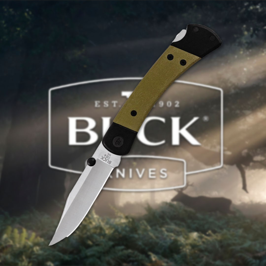 Buck knife with a green handle against a blurred background.