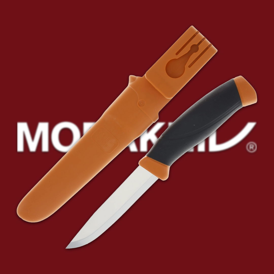 A knife with an orange sheath on a red background.