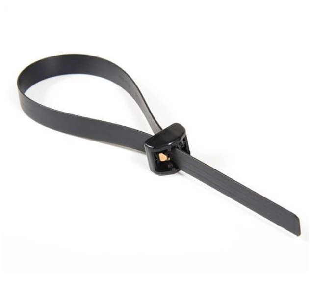 A black plastic zip tie on a white background.