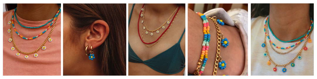 Beaded necklaces, beaded pendant earrings and beaded anklets for the summer. Combines beads and golden chains.