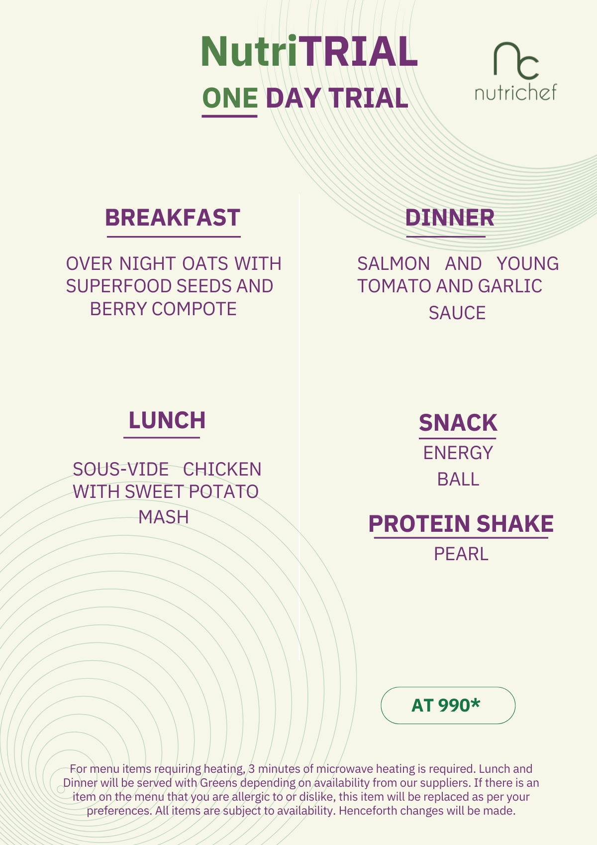 NutriChef one day trial menu - weekly breakfast, lunch, dinner and snack sample