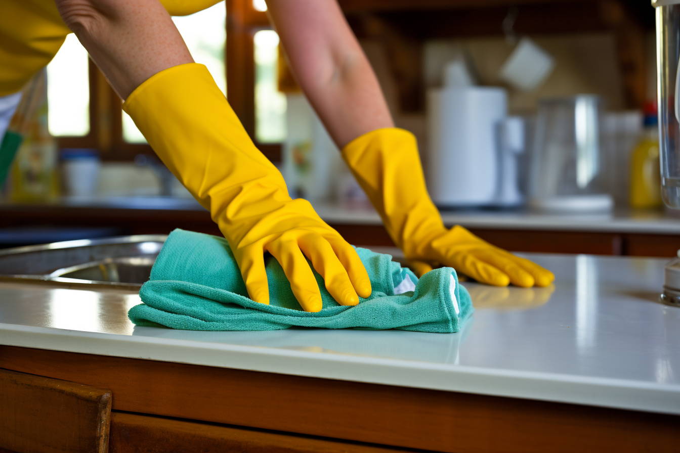 person cleaning counter surface with microfiber towel