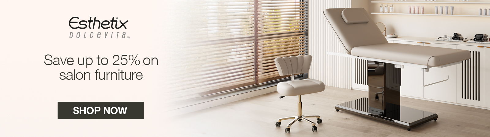 Promotional banner for esthetic furniture sale with a treatment table and chair.