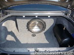 Trunk subwoofer enclosure and horizontal air tank Conductor's Special 544 Nightmare Edition train horn kit Mike's 2004 Chevrolet Impala HornBlasters customer install gallery photo 4