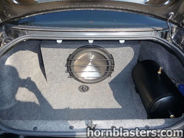 Trunk subwoofer enclosure and horizontal air tank Conductor's Special 544 Nightmare Edition train horn kit Mike's 2004 Chevrolet Impala HornBlasters customer install gallery photo 4