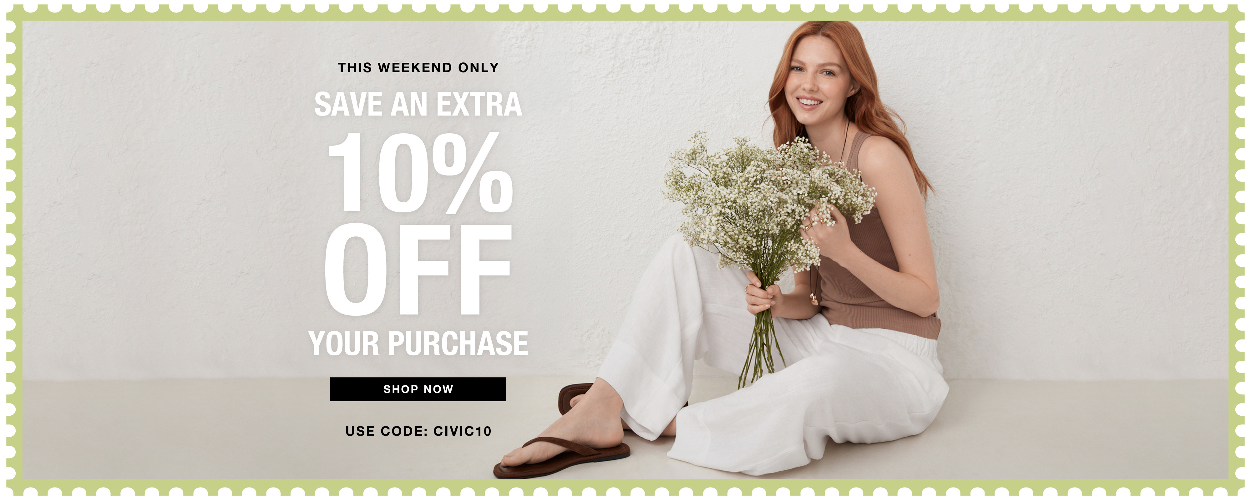Woman sitting with flowers, promoting 10% off on purchase