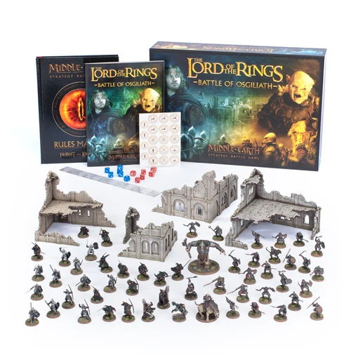 Board game set featuring Lord of the Rings miniatures and accessories.