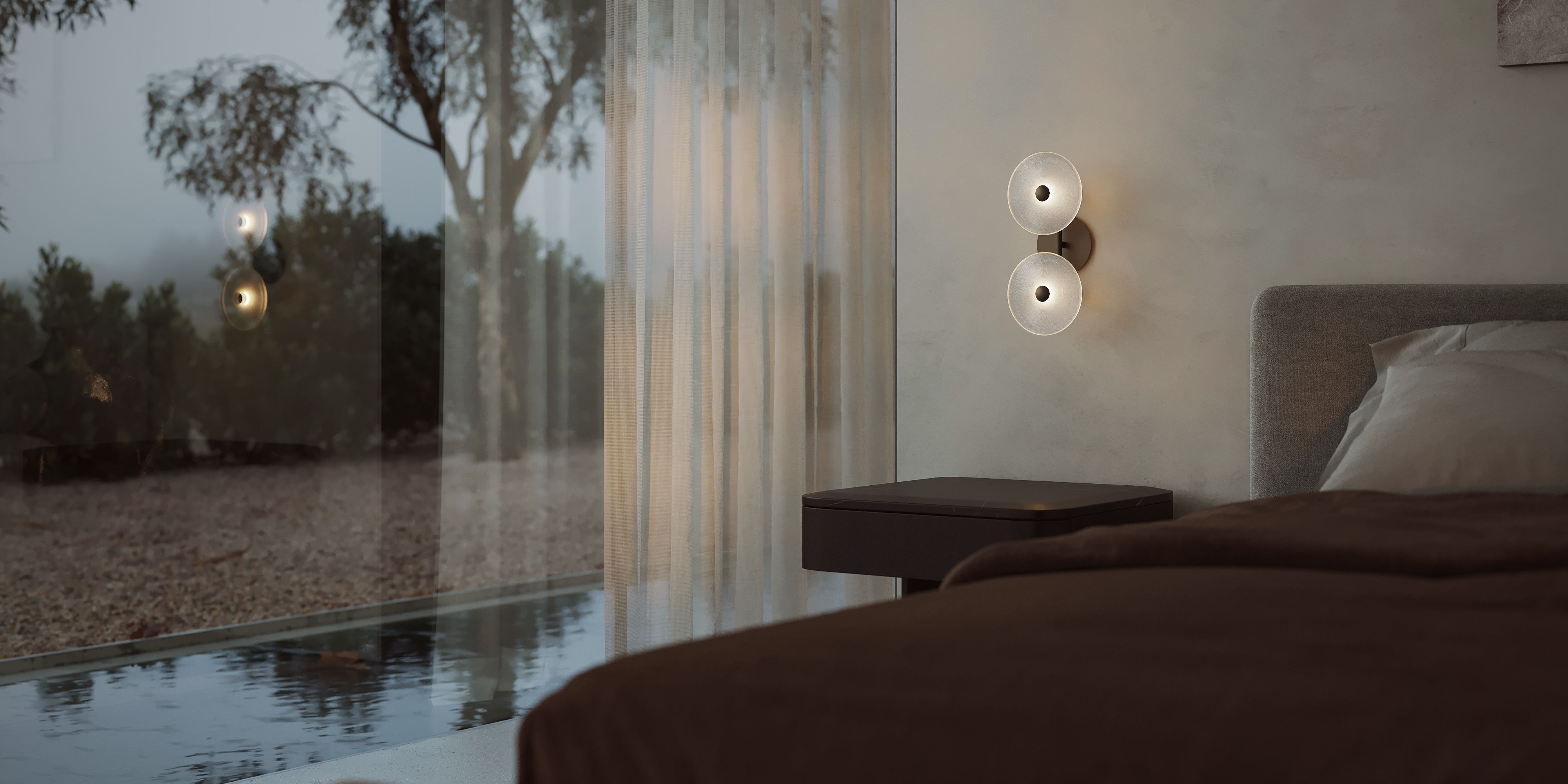 Cozy bedroom with modern decor and large window overlooking a serene landscape.