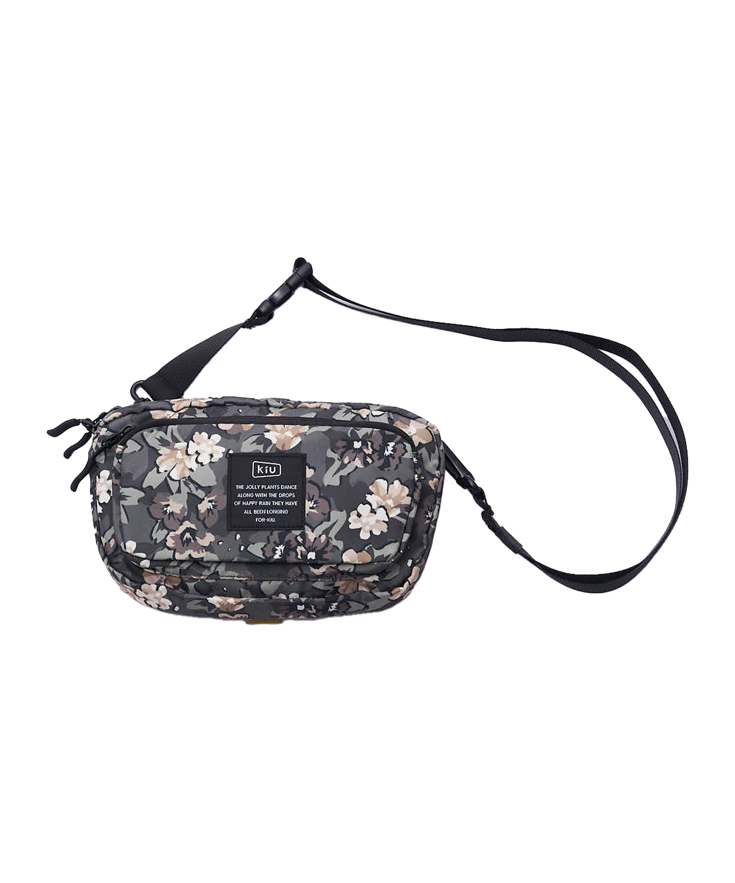 Floral-patterned bag with a shoulder strap and zipper closure.
