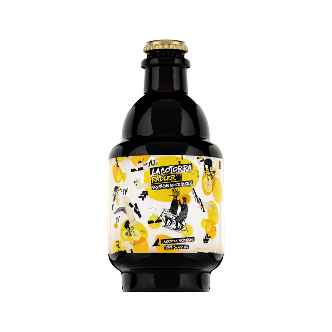 Black bottle with yellow label featuring various illustrations and text.