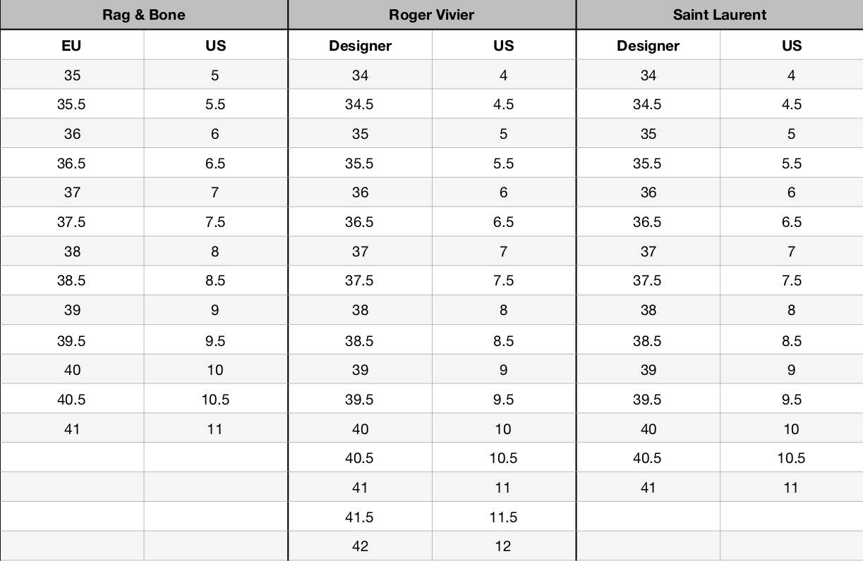 Designer Shoe Size Conversion Chart 