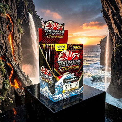 Box of fireworks displayed against a dramatic coastal background.