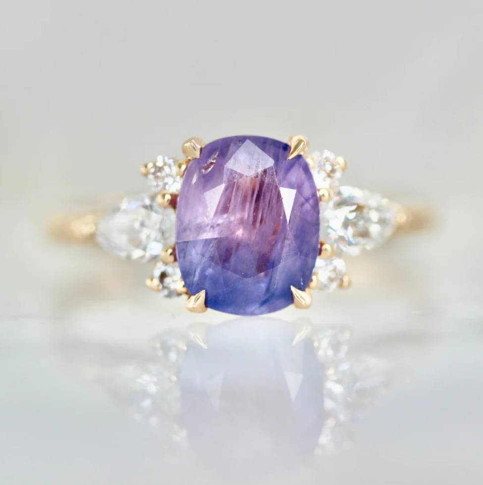 Purple-Blue Opalescent Oval Cut Sapphire Ring in Peach Gold Gem Breakfast