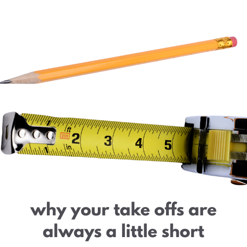 Pencil and tape measure with text about take-offs being short.