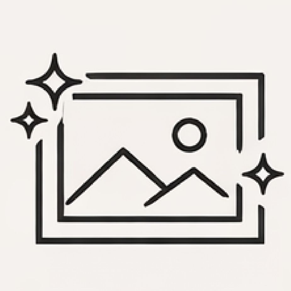 Line art of a framed picture with mountains and a sun.