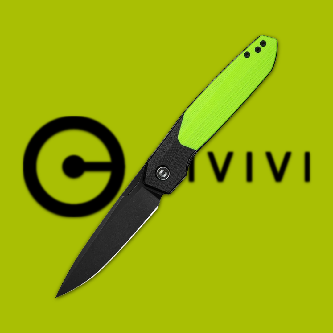 Black folding knife with a green handle on a bright background.