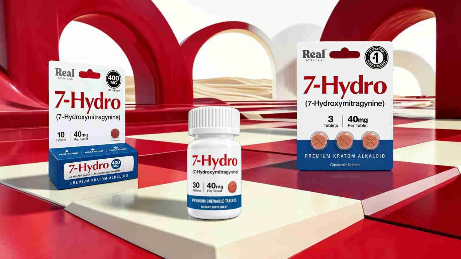 Bottles of 7-Hydro dietary supplement on a geometric background.