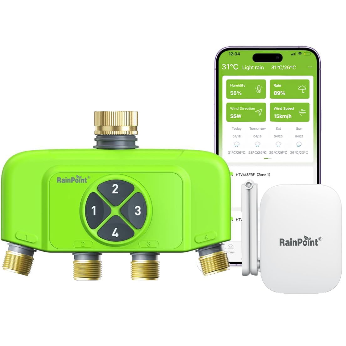 Smart irrigation controller with smartphone interface and multiple outlet connections.