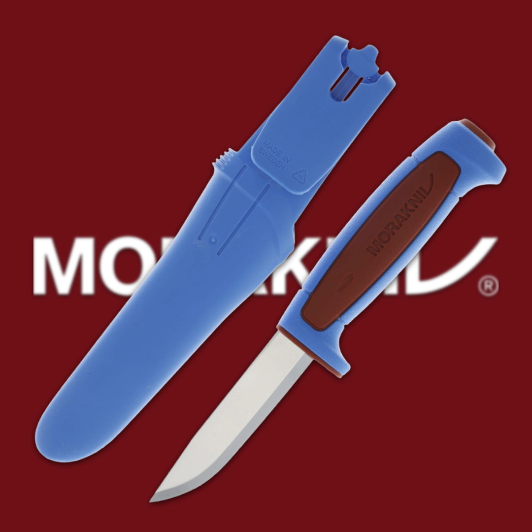 A knife with a blue sheath and brown handle, logo in background.