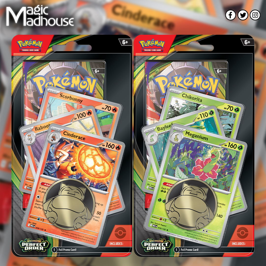 Pokémon TCG Blister Packs from the set Perfect Order featuring Meganium and Cinderace.