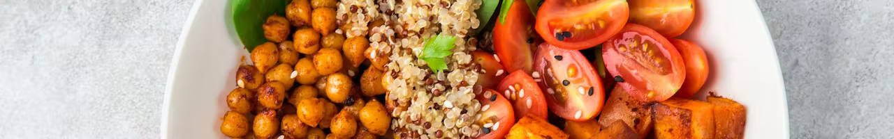 grain bowl with crispy chickpeas and roasted sweet potatoes