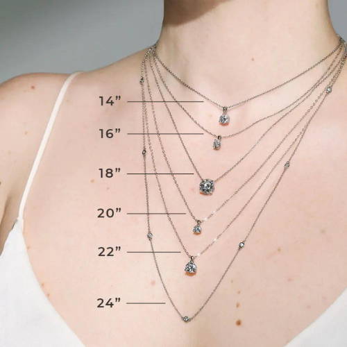 Visual of a woman wearing various necklaces around her neck labeled each with their exact chain lengths in inches