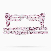 Stylized abstract design resembling eyeglasses in pink and white colors.